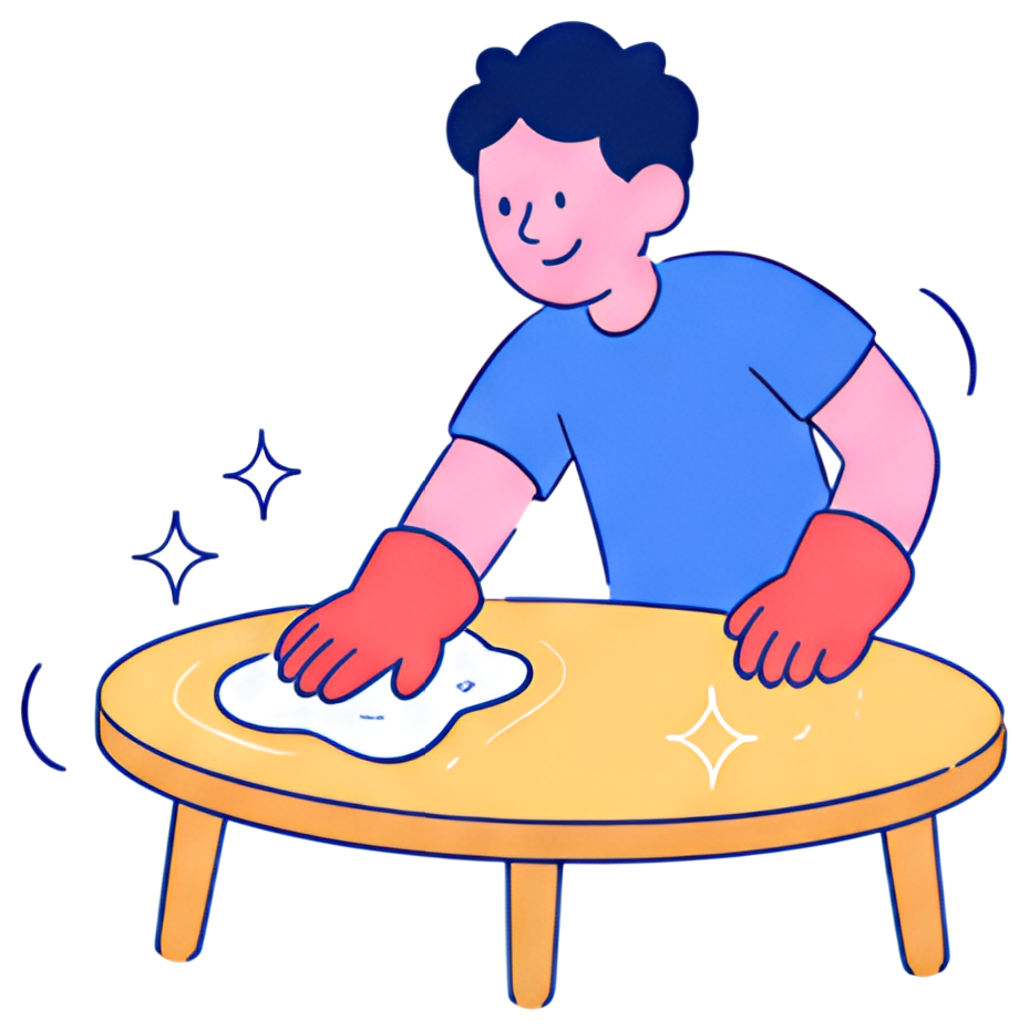A person wearing red gloves is polishing a wooden table with a cloth, displaying a cheerful expression. The table gleams with highlights reflecting light, and soft colors create a playful atmosphere.