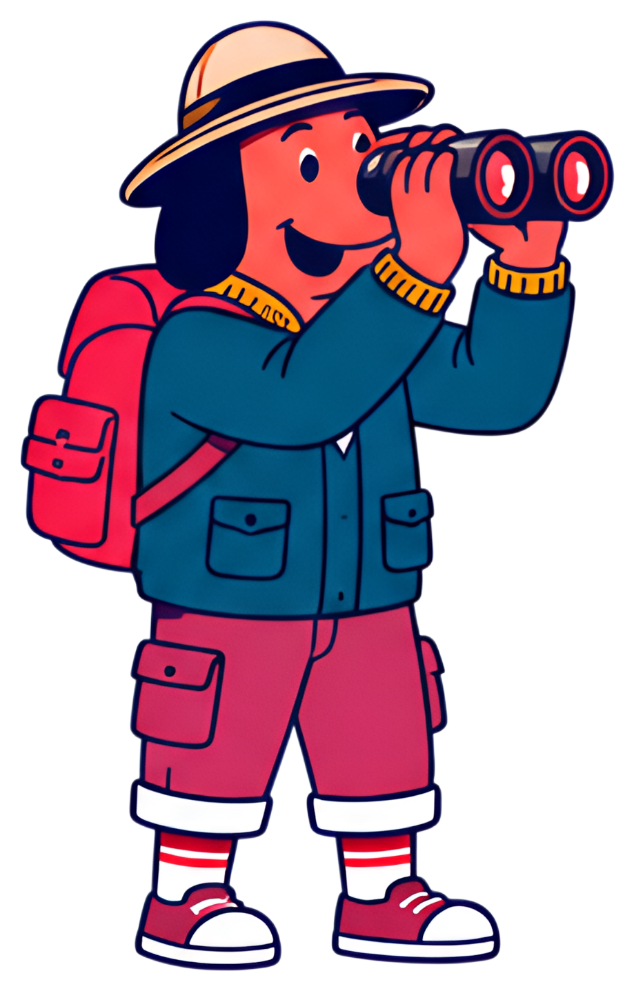 A cheerful dog wearing a safari hat and a stylish jacket, peering through binoculars. The vibrant character carries a bright red backpack and sports baggy pants with rolled cuffs, exuding an explorer,