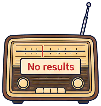 A vintage-style radio with a wooden finish features a prominent sign reading 'No results' in bold red text. The radio includes detailed knobs and a sleek antenna, emphasizing a nostalgic aesthetic.