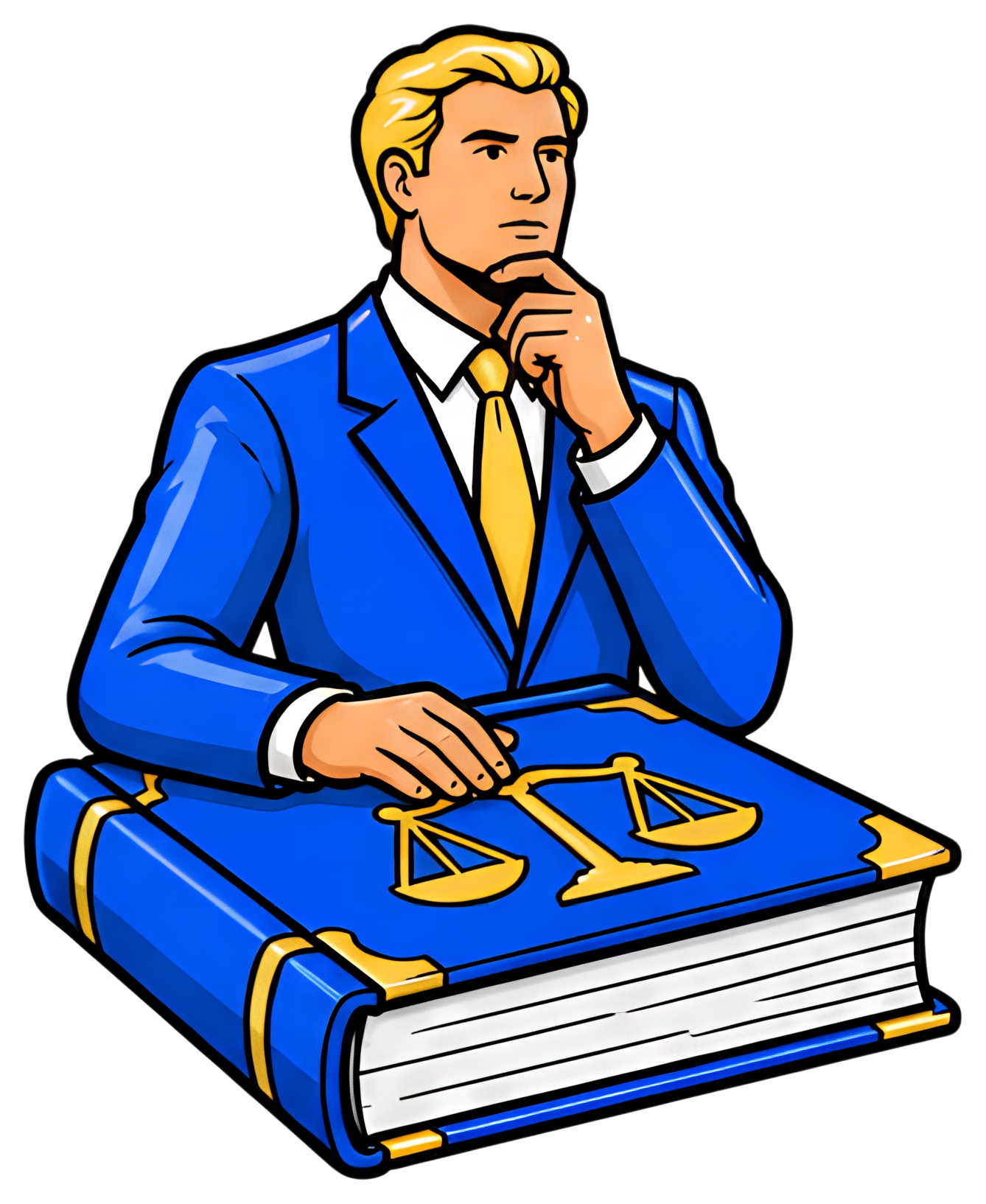 A lawyer in a blue suit rests his hand thoughtfully on a large law book. The book features golden scales of justice, and the lawyer is depicted with blonde hair and a yellow tie, presenting a contempl