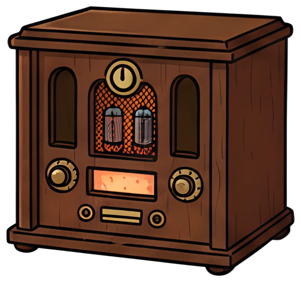 A vintage radio with wooden texture, featuring glowing vacuum tubes and rotating knobs. The warm orange glow illuminates the intricate mesh and dial, while the deep brown wood adds a classic feel.