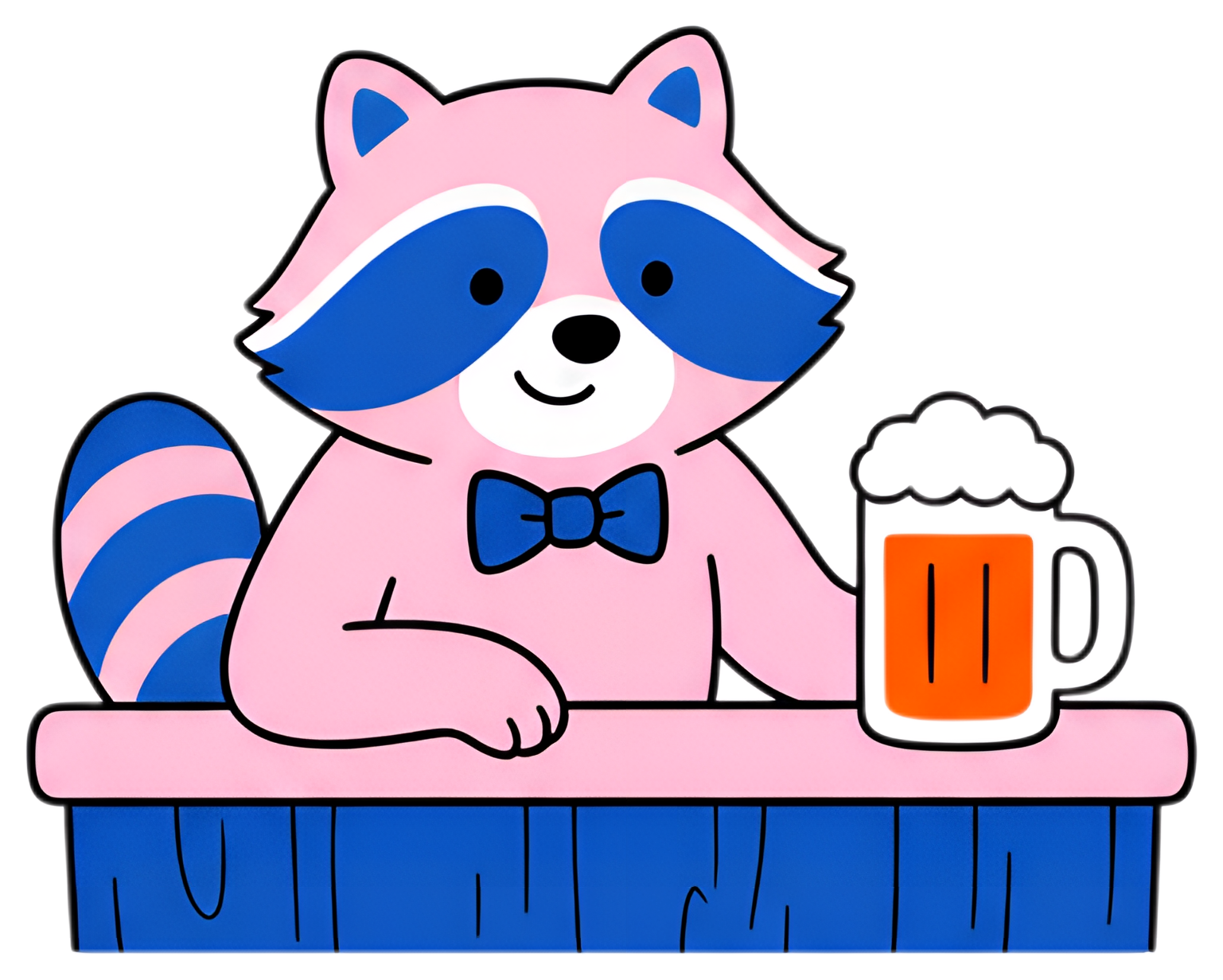 A cheerful raccoon with a pink body and blue markings, wearing a classic bow tie, leans on a wooden bar while holding a frothy beer mug. The bar is blue with distinct lines, adding to the playful vibe