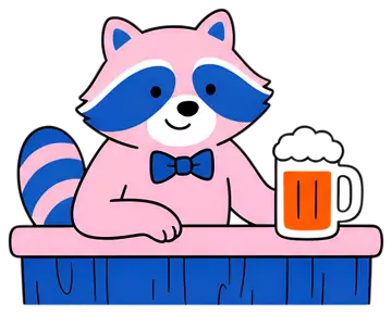 A cheerful raccoon with a pink body and blue markings, wearing a classic bow tie, leans on a wooden bar while holding a frothy beer mug. The bar is blue with distinct lines, adding to the playful vibe