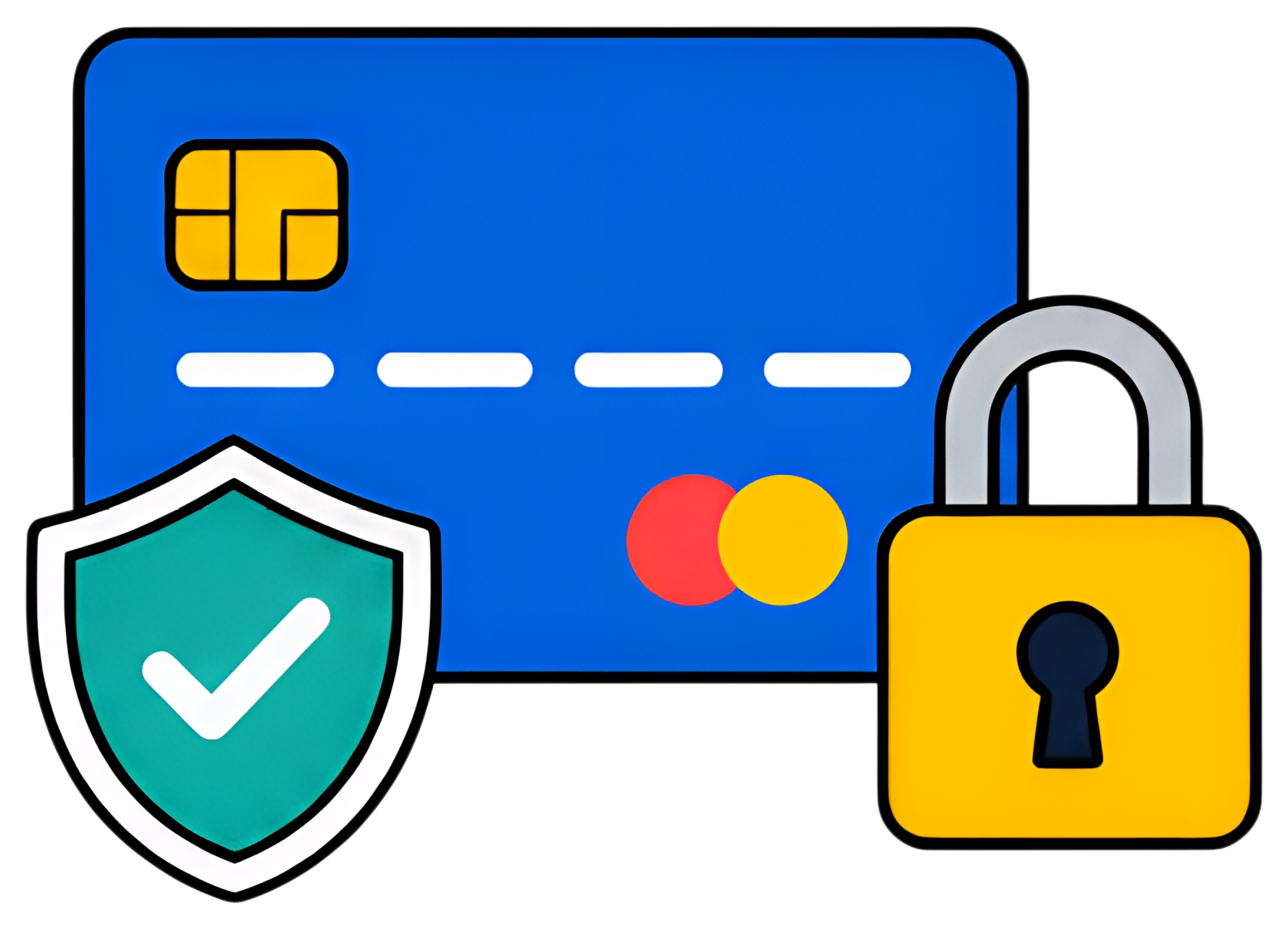 A blue credit card is displayed alongside a green shield with a checkmark and a yellow padlock, representing secure online payment. The card features a chip and two colored circles typical of card emn