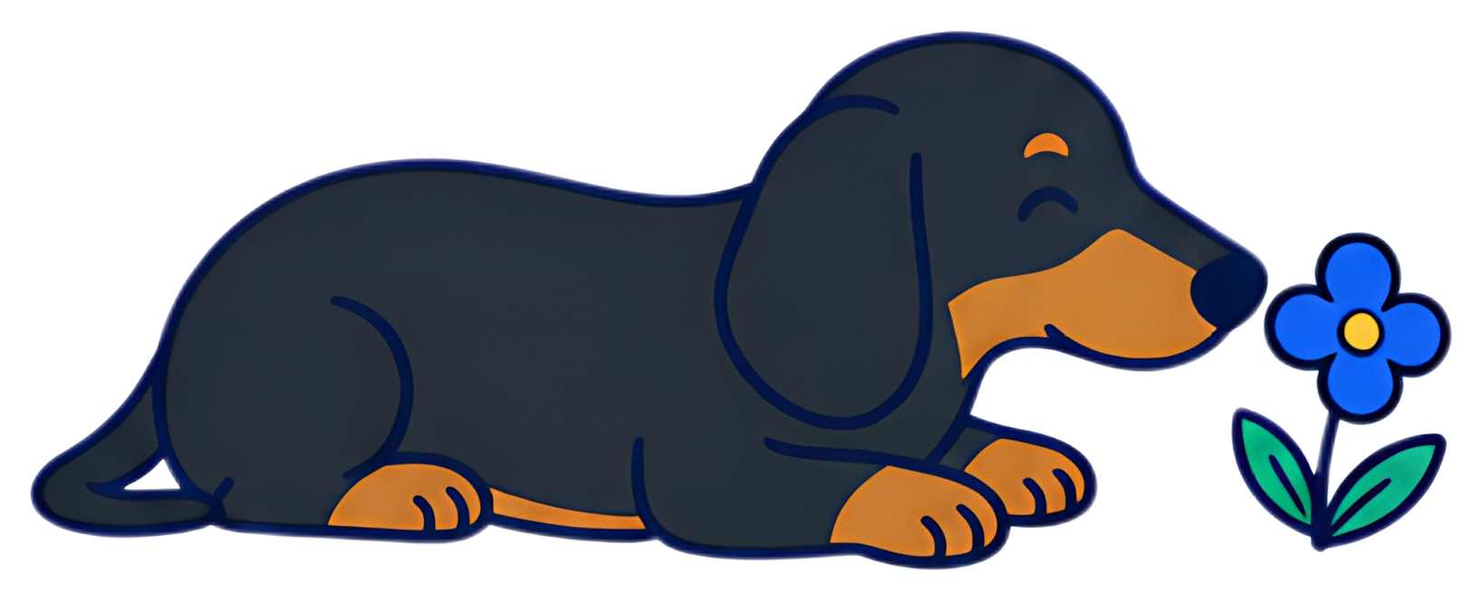 A black and tan dachshund lies down with a content expression, sniffing a bright blue flower with green leaves. The illustration features a simple, cartoonish style with a bold outline and vibrant, cl