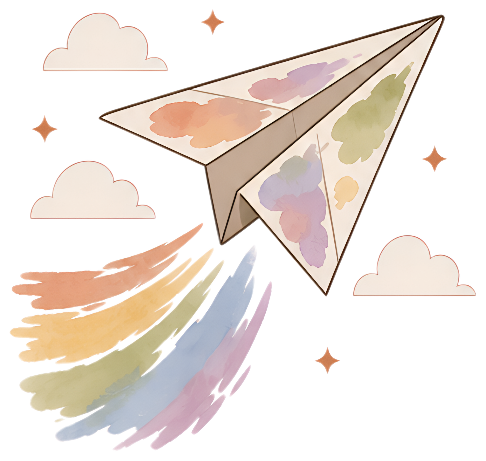 Colorful paper airplane soaring through clouds