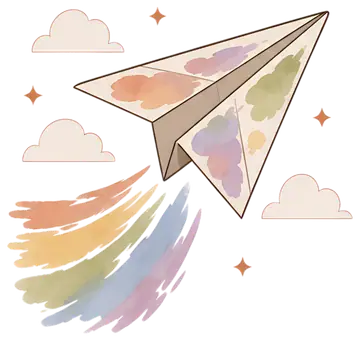 A paper airplane decorated with watercolor swirls in shades of orange, yellow, teal, purple, and pink is taking flight amidst fluffy clouds. The colorful trails behind it mimic the hues on the plane,,