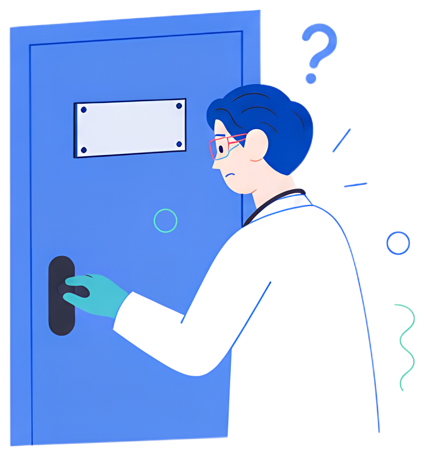 A doctor in a white coat stands perplexed in front of a blue door, holding the doorknob while wearing blue gloves. The door displays a blank sign, and the surrounding scene includes question marks, ev