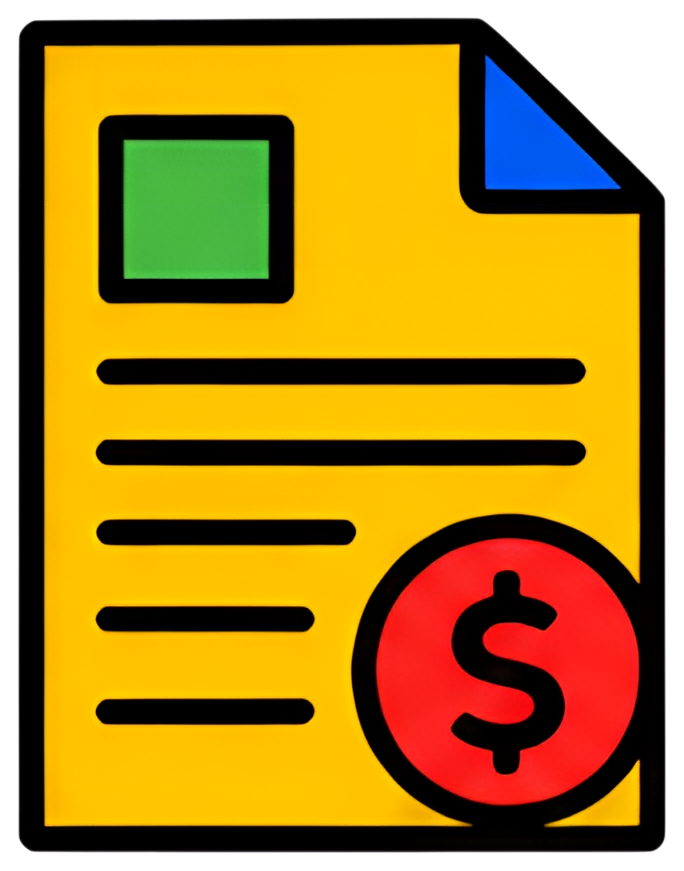 A vibrant invoice document features a yellow background with green and blue corners, horizontal black lines for text, and a prominent red circle with a dollar sign enclosed. The document's playful and