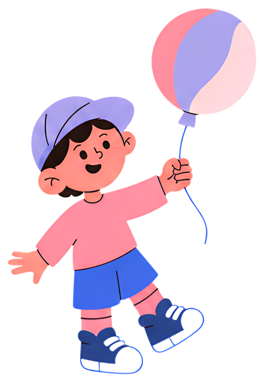 A happy child wearing a light pink shirt and blue shorts, joyfully holding a colorful balloon with pink, purple, and white stripes. The child has a playful smile and is wearing a cap as they pose with