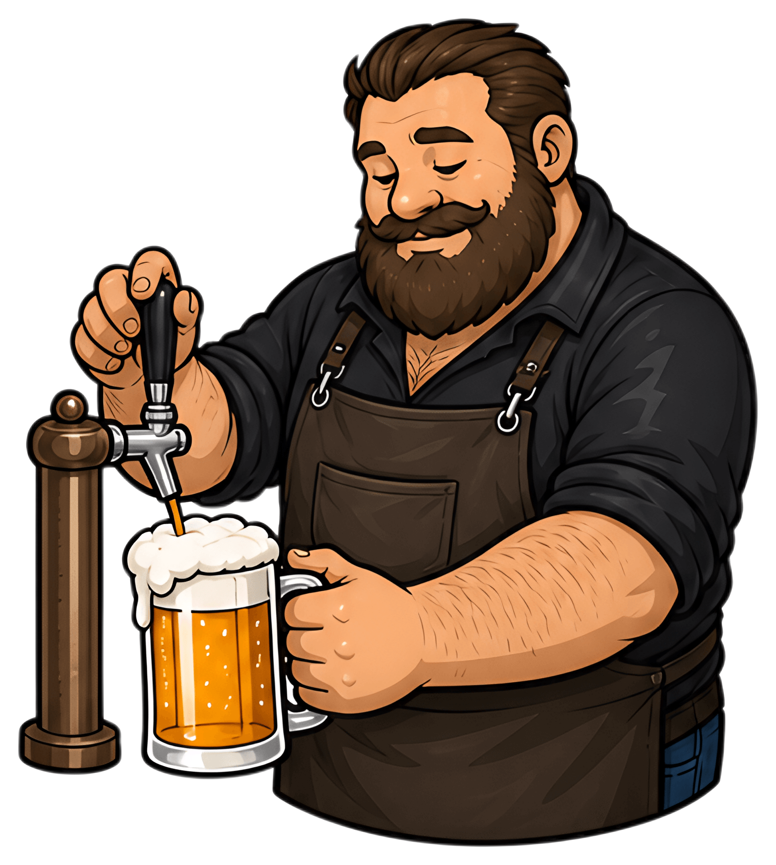 A cheerful bartender with a thick beard is pouring a fresh beer from a tap into a clear mug, showcasing a frothy head. The bartender wears a dark shirt and apron, exuding a friendly vibe against a non