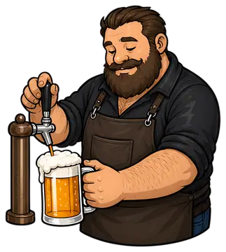 A cheerful bartender with a thick beard is pouring a fresh beer from a tap into a clear mug, showcasing a frothy head. The bartender wears a dark shirt and apron, exuding a friendly vibe against a non