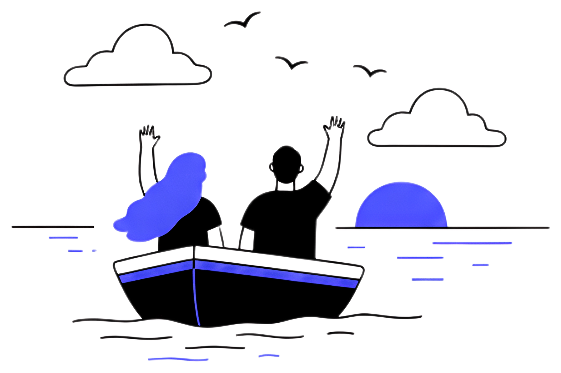 Two silhouetted figures wave from a small boat as a vibrant sunset casts a backdrop of blue hues and stylized clouds. Gentle waves and birds in the sky add to the serene ambiance.
