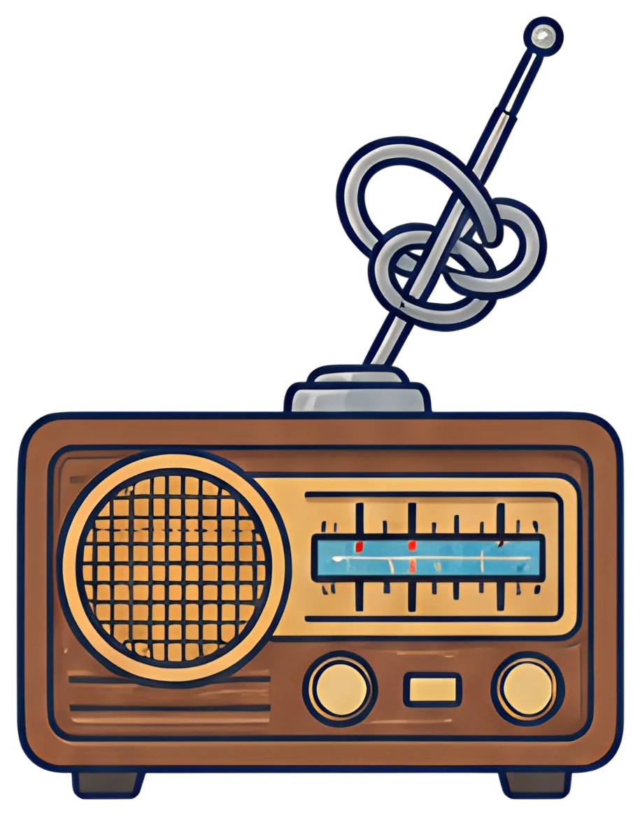 An antique radio featuring a large antenna tied in a knot, symbolizing a lack of signal. The radio has a classic design with a mesh speaker and a blue tuning dial, set against a white background for a