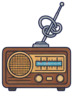 An antique radio featuring a large antenna tied in a knot, symbolizing a lack of signal. The radio has a classic design with a mesh speaker and a blue tuning dial, set against a white background for a