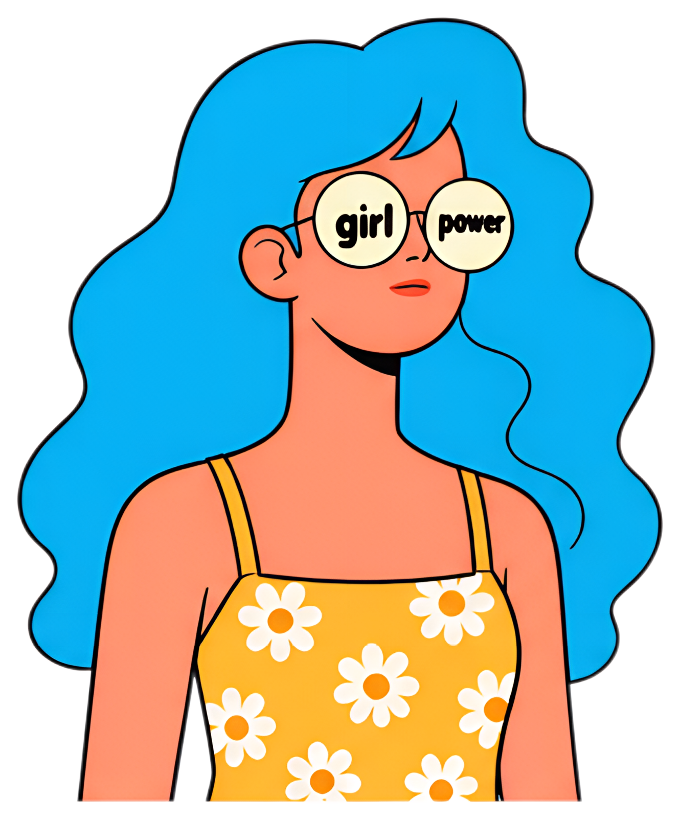The character features long, wavy blue hair and wears a bright sundress adorned with white daisies. She accessorizes with round sunglasses that display the text 'girl power', giving her a trendy and s