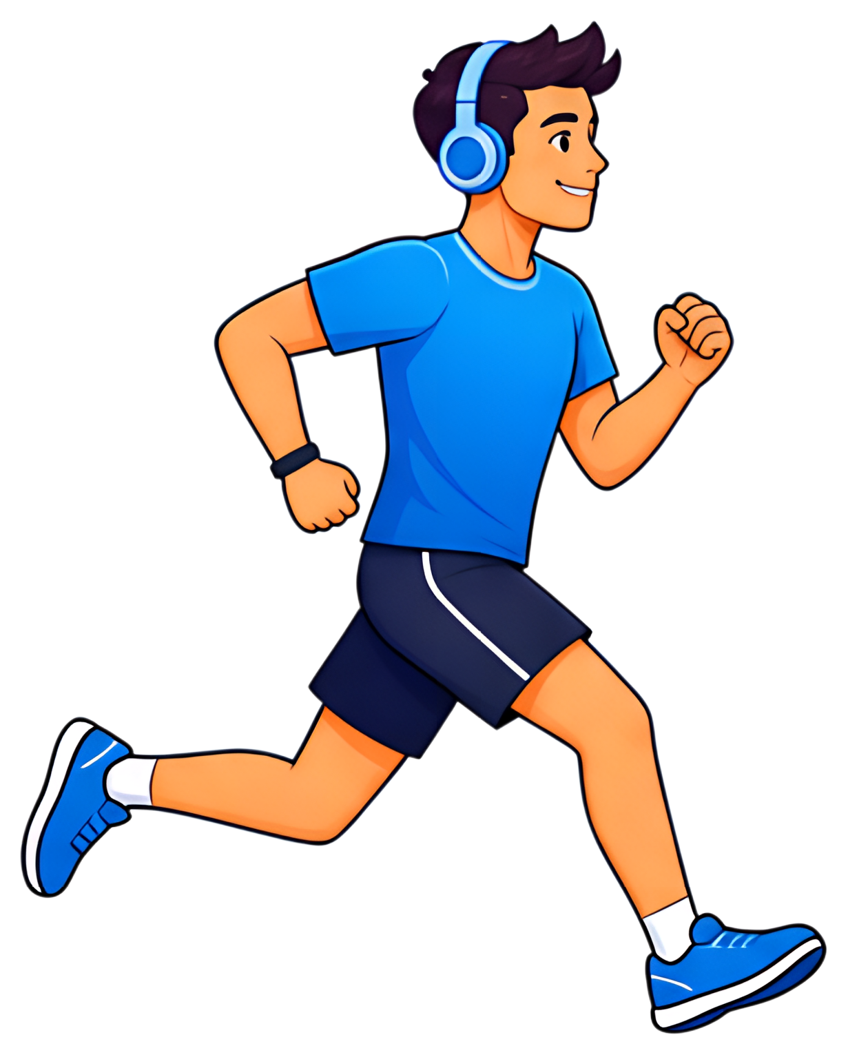 A cheerful jogger wearing a blue t-shirt and shorts is running energetically. He has blue headphones and matching sneakers, showcasing a vibrant and active lifestyle with a bright color palette.