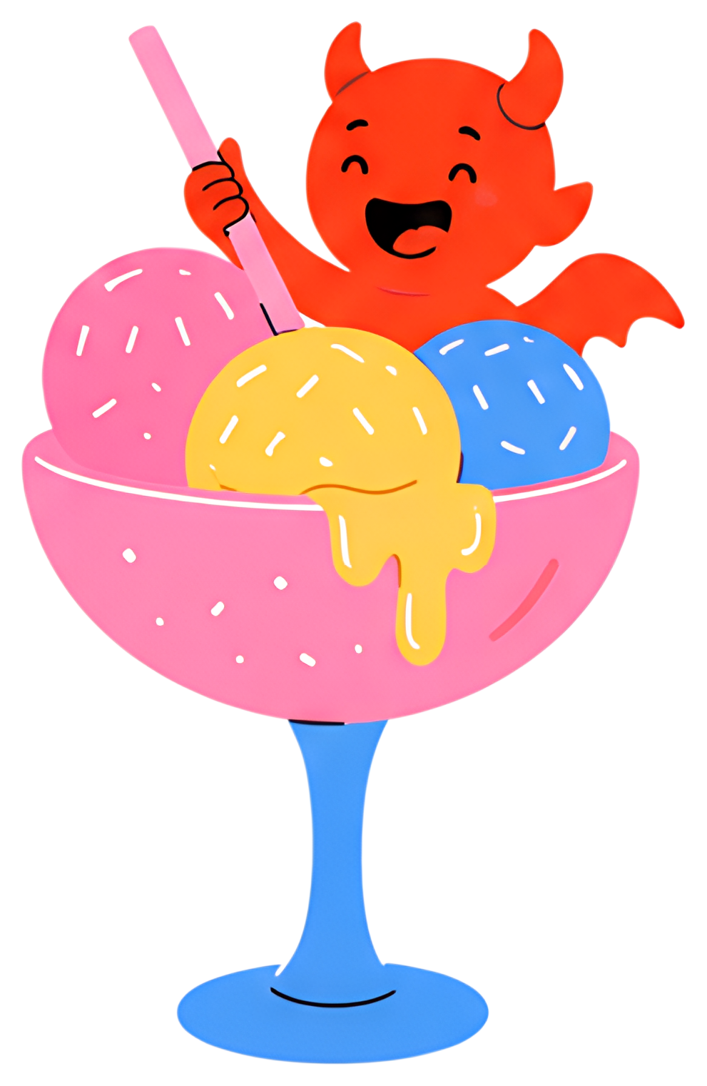 A cheerful red demon with horns and wings, holding a pink straw, is nestled among colorful ice cream scoops in a pink cocktail glass. The ice cream features pastel pink, yellow, and blue colors, with,