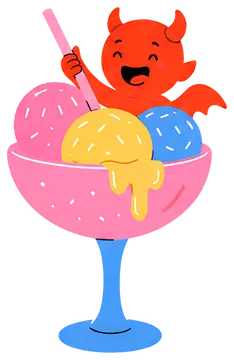 A cheerful red demon with horns and wings, holding a pink straw, is nestled among colorful ice cream scoops in a pink cocktail glass. The ice cream features pastel pink, yellow, and blue colors, with,