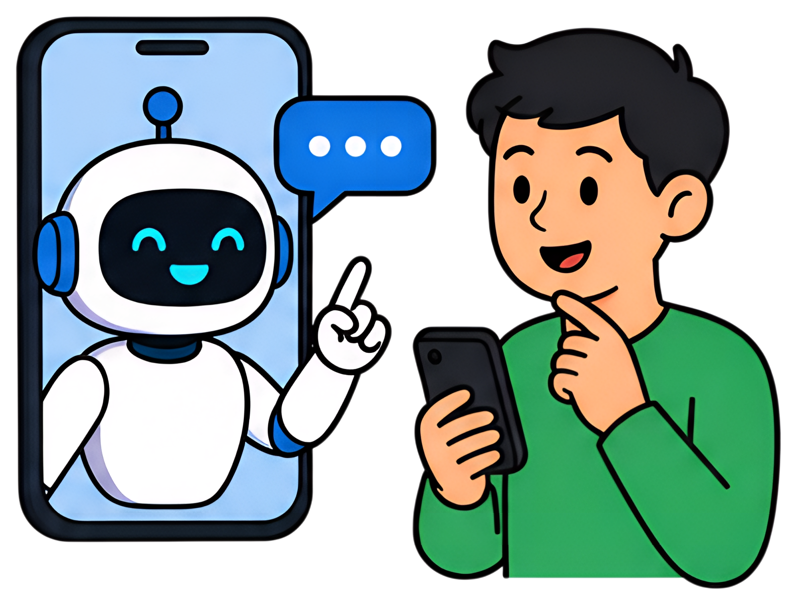 A cheerful chatbot character appears on a smartphone screen, engaging with a customer who is holding a phone and appears to be thinking. The chatbot has blue accents and a friendly smile, while the in