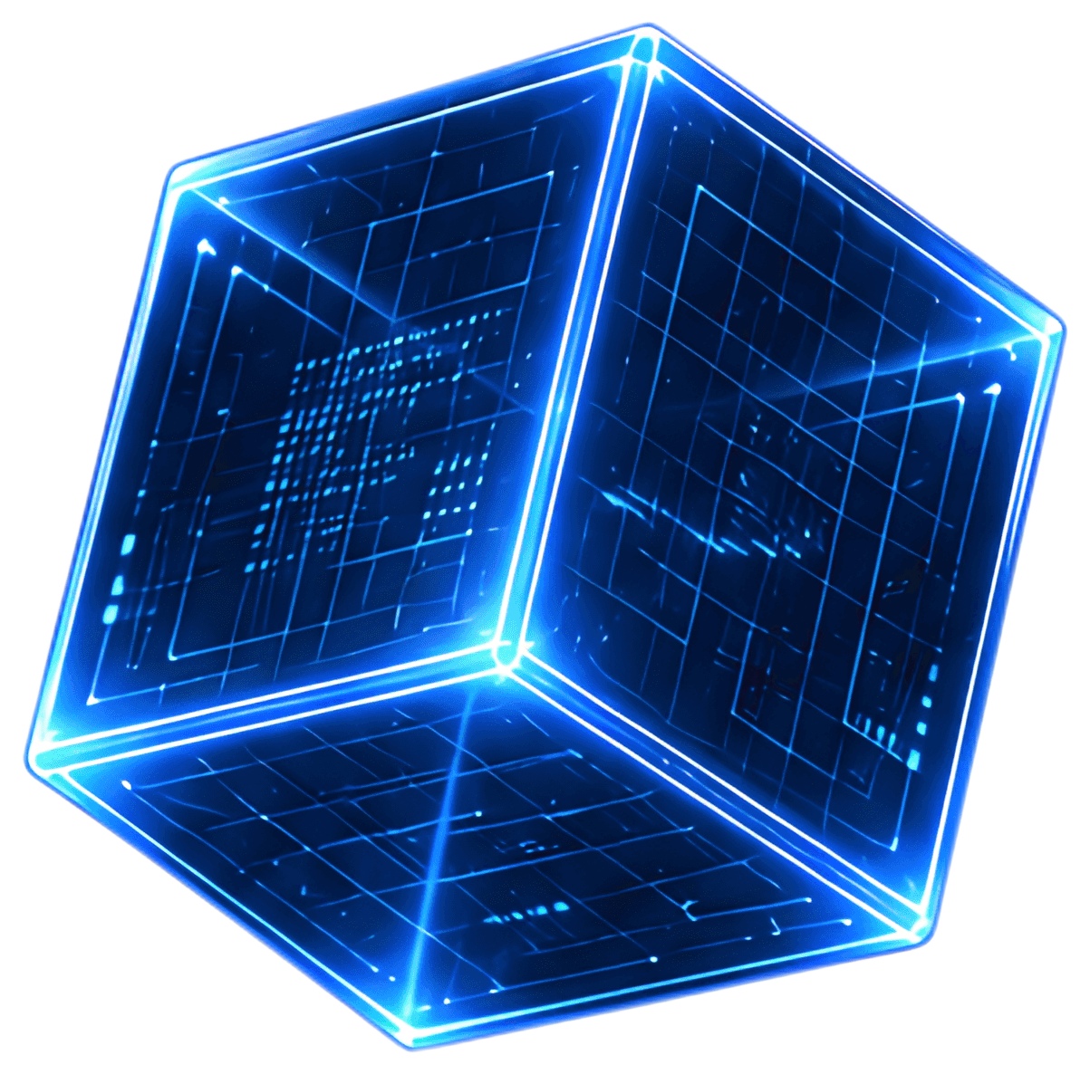 A rotating holographic cube features electric blue edges and a soft volumetric glow. The intricate grid design adds depth, enhancing its futuristic appearance without a background.