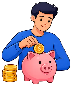 Person Inserting Coin into Piggy Bank