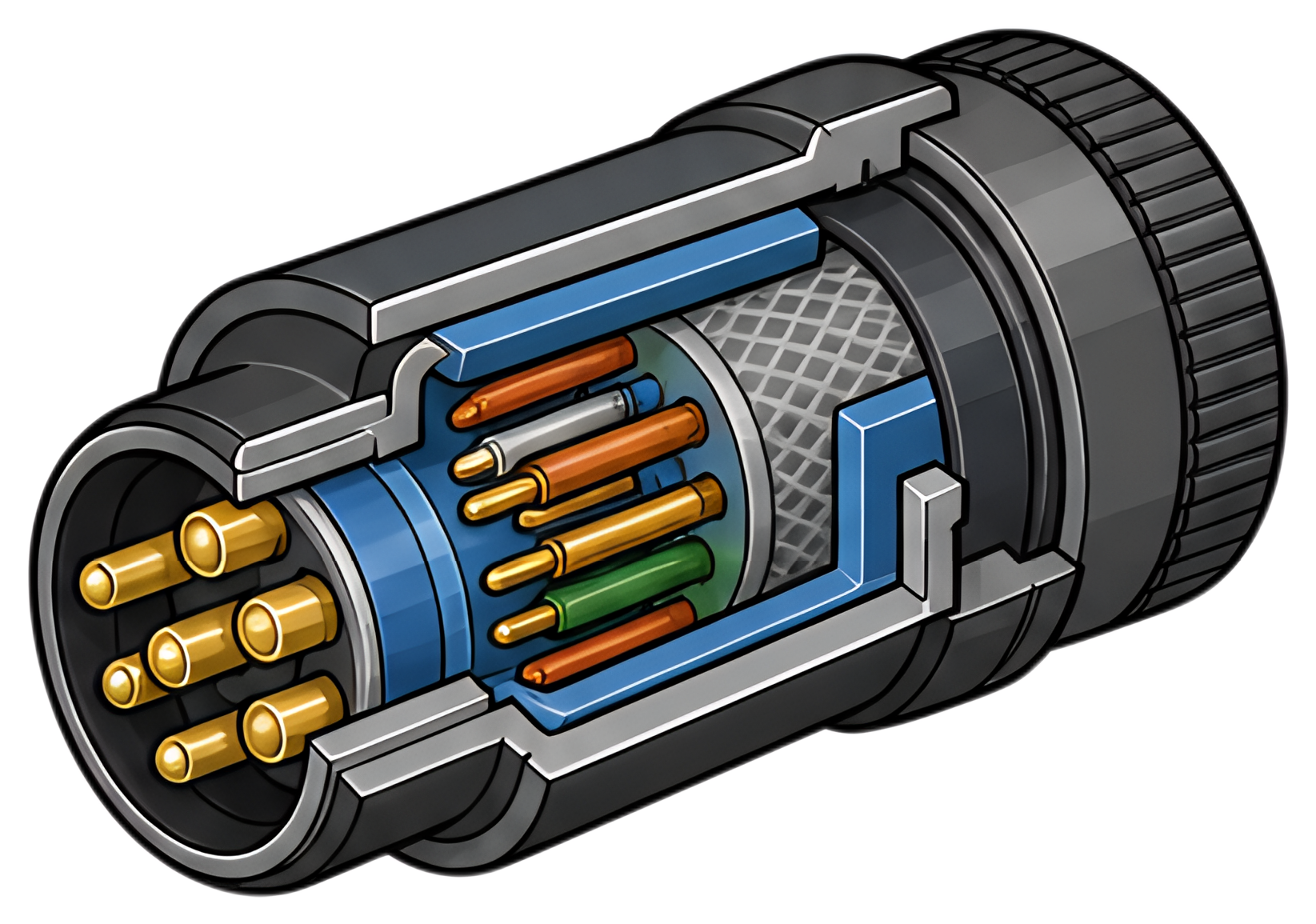 A cross-sectional view of a multi-layer electrical connector, showcasing various contacts and insulation. The illustration features gold contacts, colorful inner wiring in blue, orange, green, and a d