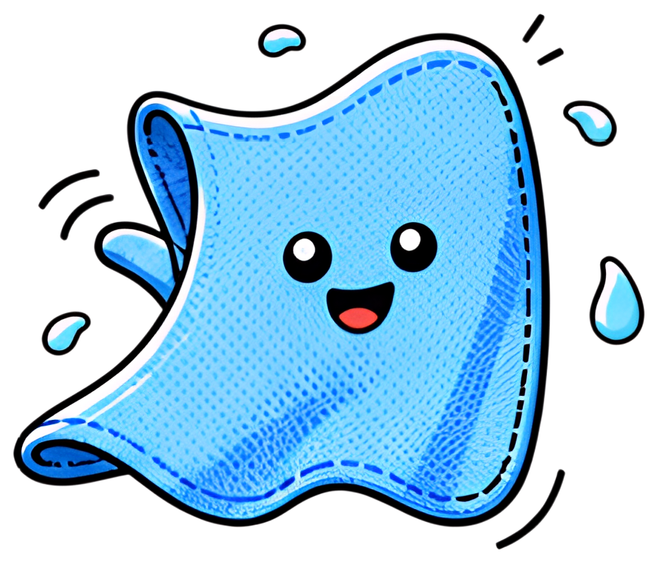 A cheerful blue microfiber cloth with a smiling face waves playfully, surrounded by small water droplets. The design features a textured pattern and outlines that give it a lively appearance.
