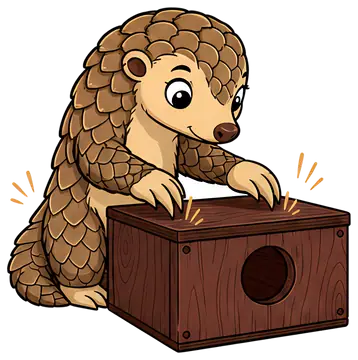 Friendly pangolin tapping wooden box