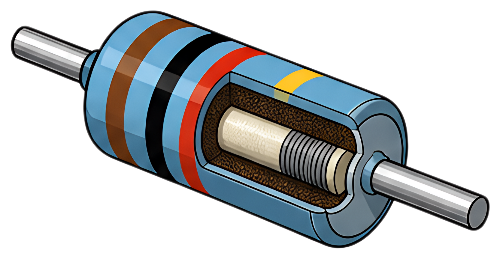 A colorful resistor featuring distinct black, blue, red, and yellow bands. The cutaway reveals a layered internal structure showcasing a white core and metal ends, emphasizing its functional design.