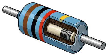 A colorful resistor featuring distinct black, blue, red, and yellow bands. The cutaway reveals a layered internal structure showcasing a white core and metal ends, emphasizing its functional design.