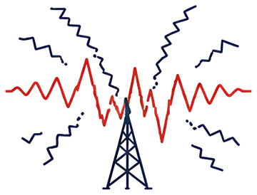A stylized illustration of a radio tower emitting distorted lines representing radio waves in red and blue, set against a black background. The inscription 'Signal lost' adds context to the visual, ev