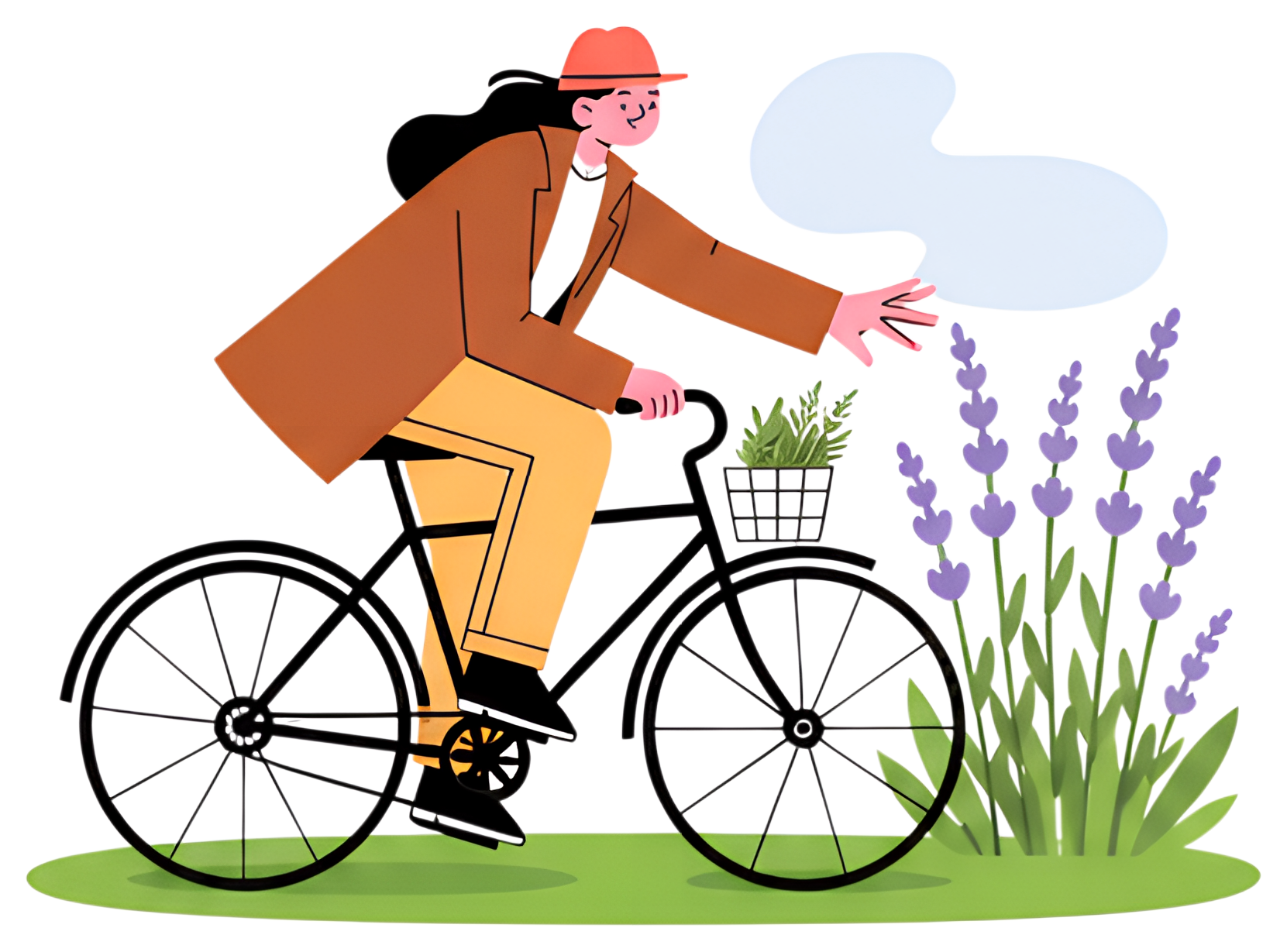 A person on a bicycle reaches out with one hand to touch lavender plants alongside them. The cyclist wears a brown coat and red hat, with a basket of greenery on their bike, set against a vibrant, two
