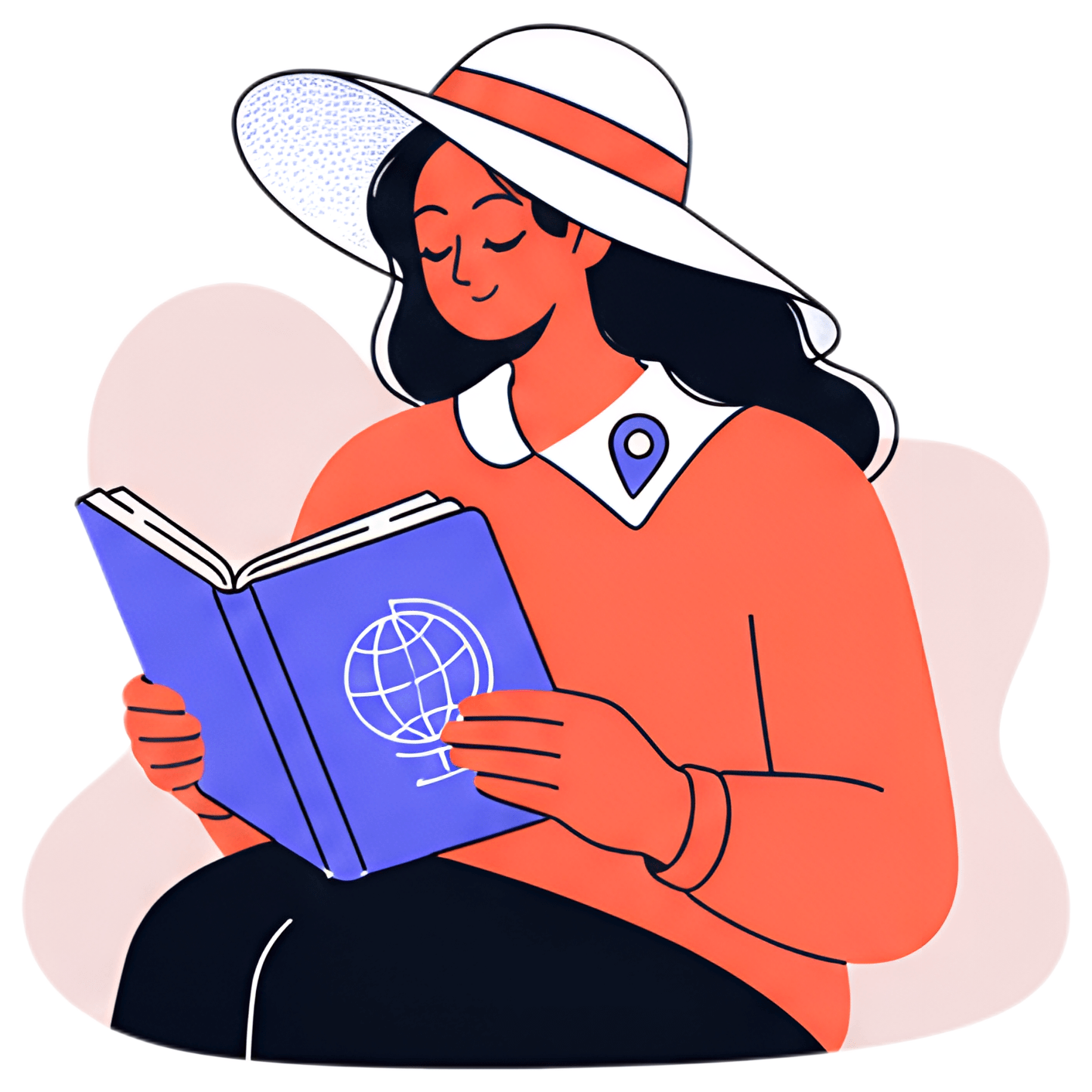 A person wearing a sun hat is absorbed in reading a travel journal, showcasing a small world map pin on their collar. The warm orange tones of their sweater contrast with the blue of the journal, set,