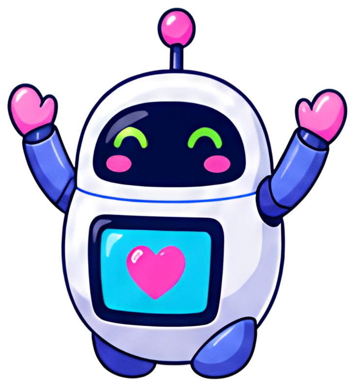 A round, friendly robot character with a screen on its chest showing a pink heart. It has raised arms and an expressive face, featuring happy eyes and cheeks, conveying a joyful demeanor. The robot's