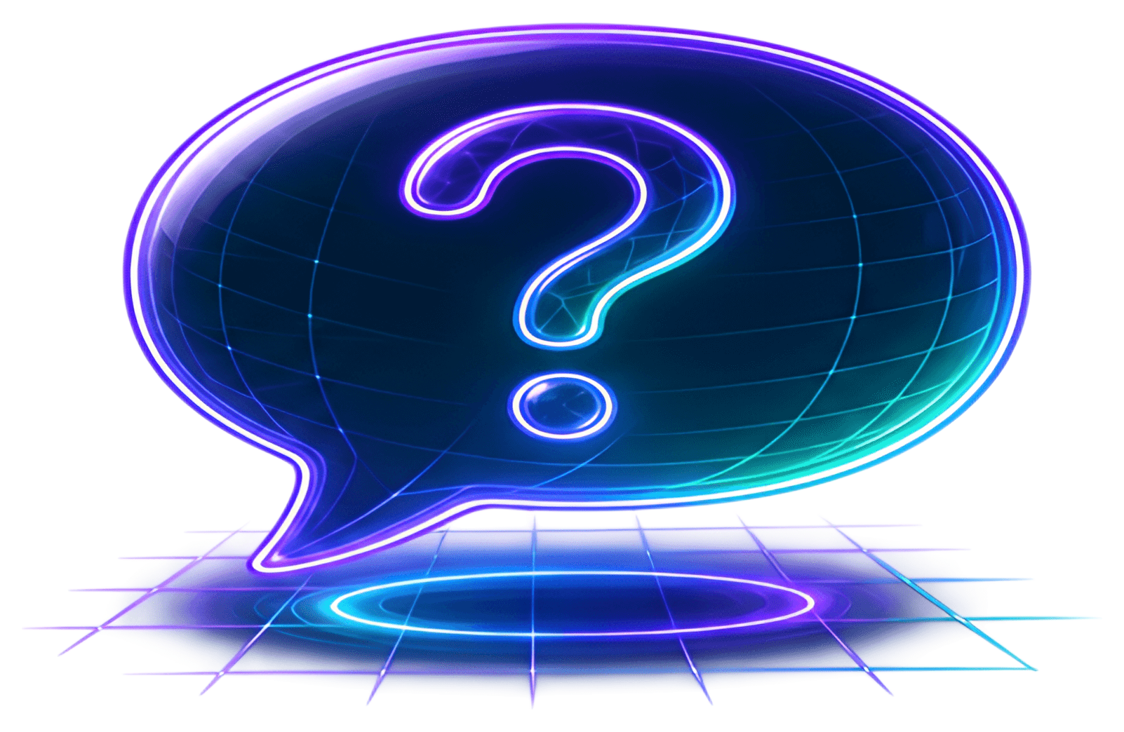 A glowing neon speech bubble featuring a prominent question mark in the center. The design incorporates vibrant blue, purple, and teal hues, creating a futuristic and sleek appearance against a dark,