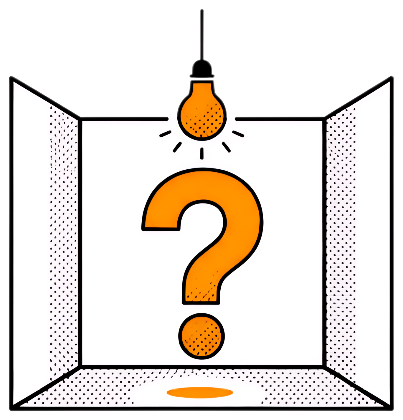 An empty room features a single hanging light bulb illuminating a large orange question mark on the floor, surrounded by white walls with dotted patterns. The stark contrast of colors creates a sense,