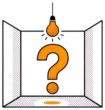 An empty room features a single hanging light bulb illuminating a large orange question mark on the floor, surrounded by white walls with dotted patterns. The stark contrast of colors creates a sense,