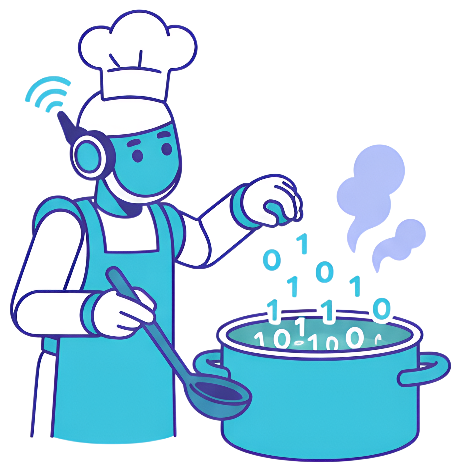 A cheerful robot chef wearing a chef's hat and apron stirs a pot while adding digital bytes represented as '0's and '1's. The scene is bright and conveys a playful blend of cooking and technology,with