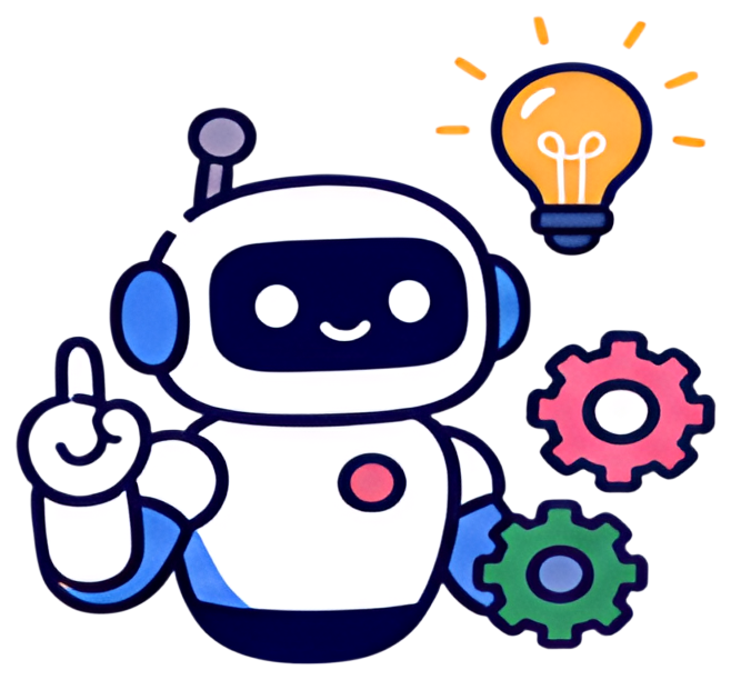 A friendly robot character, holding colorful gears in one hand and pointing upwards with the other. Above it, a bright lightbulb symbolizes ideas. The robot features a white and blue color scheme with
