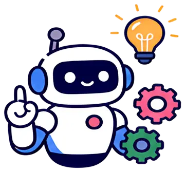 A friendly robot character, holding colorful gears in one hand and pointing upwards with the other. Above it, a bright lightbulb symbolizes ideas. The robot features a white and blue color scheme with