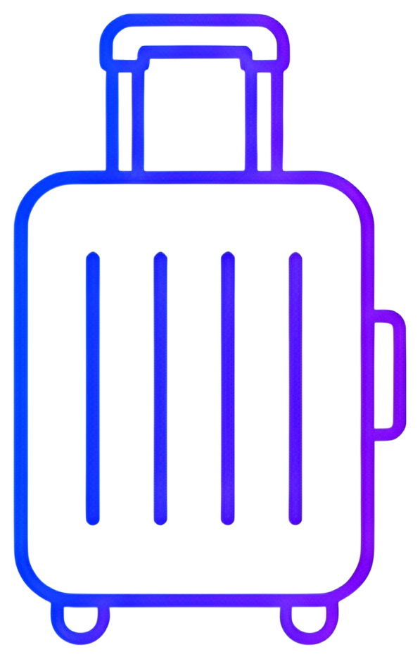 A minimalist suitcase illustration with a gradient design transitioning from blue to purple. The suitcase features a retractable handle and vertical stripes, enhancing its sleek look.