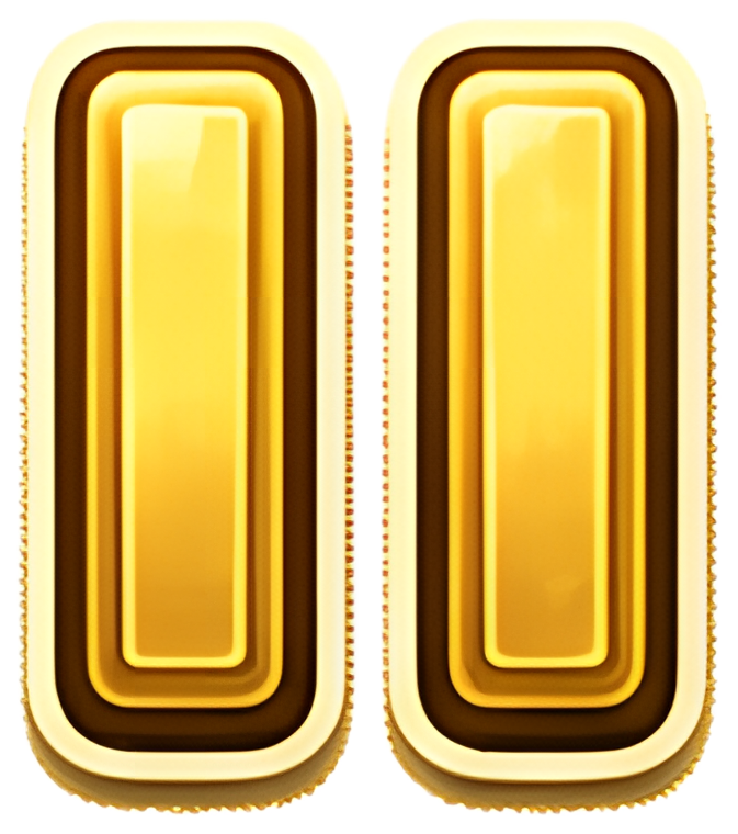 A stylized pause icon featuring two vertical bars with layered design, primarily in vibrant gold tones and accented with brown edges, against a transparent background. The bars have a glossy finish,, 