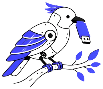 Robotic bird with metallic feathers holding a USB