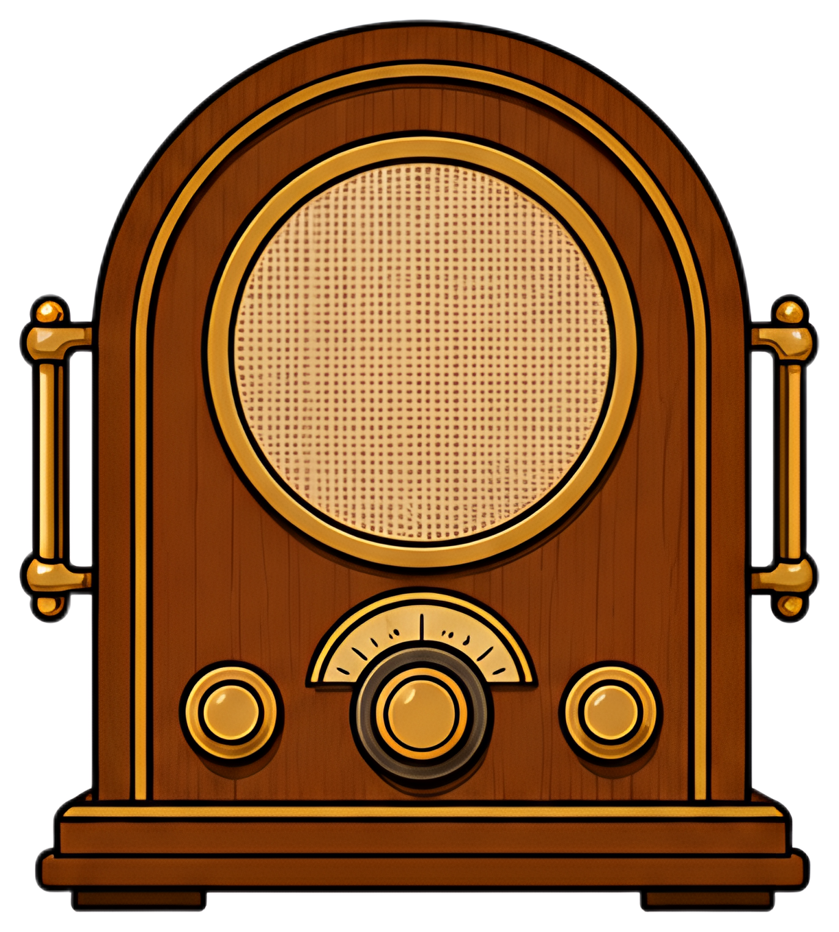 A retro-style vintage radio features a wooden body with a circular speaker covered in fabric. Brass knobs and handles add a touch of elegance to its classic design, while the warm brown hues accentu U