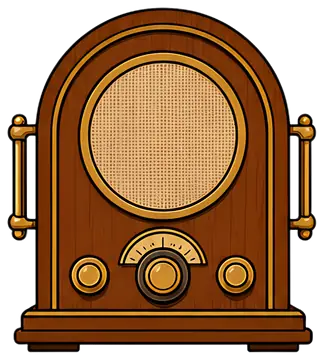 A retro-style vintage radio features a wooden body with a circular speaker covered in fabric. Brass knobs and handles add a touch of elegance to its classic design, while the warm brown hues accentu U