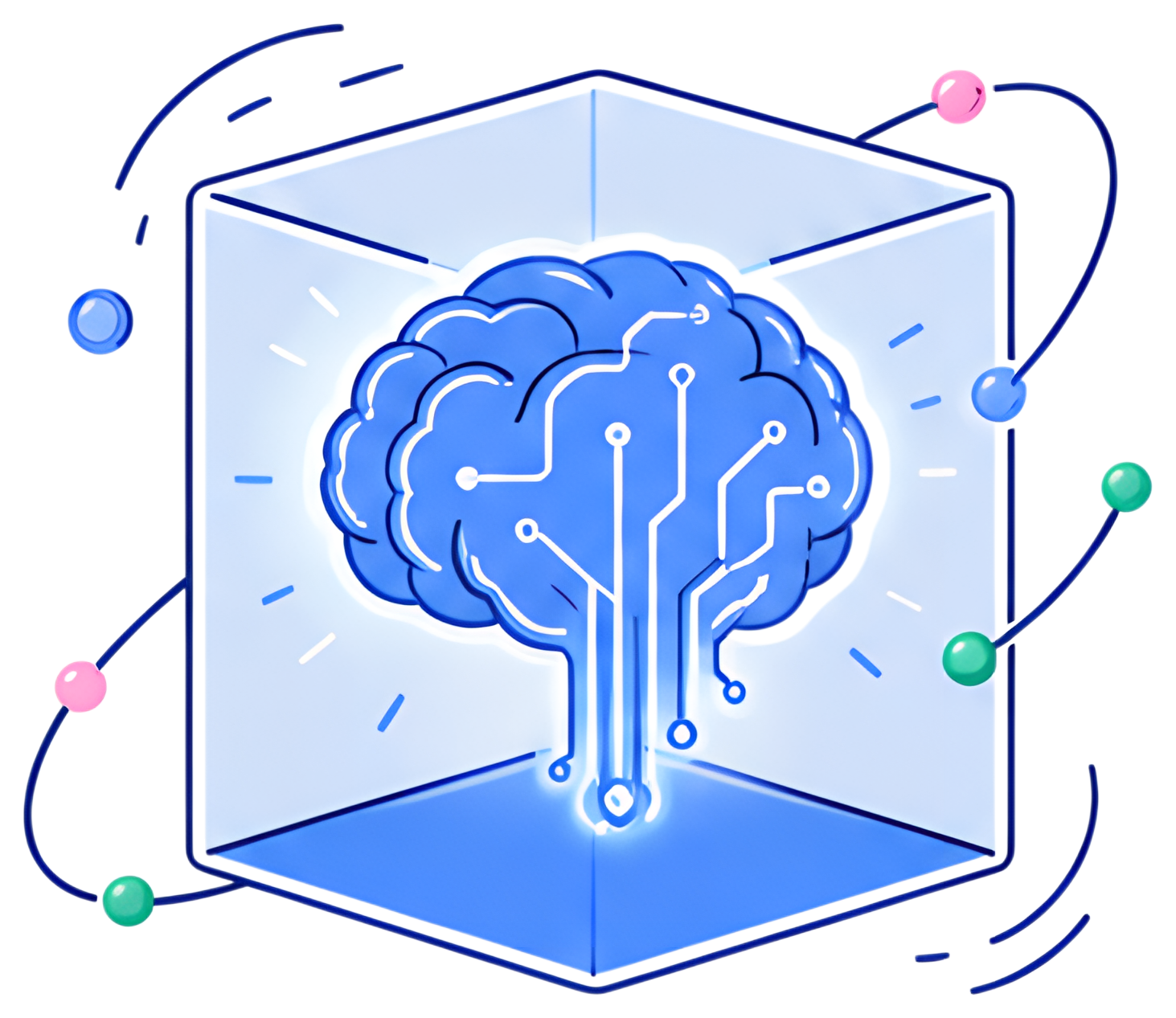A glowing blue digital brain with circuit patterns is enclosed in a transparent cube. It is surrounded by tiny orbiting data particles in various colors, creating a futuristic and dynamic ambiance.
