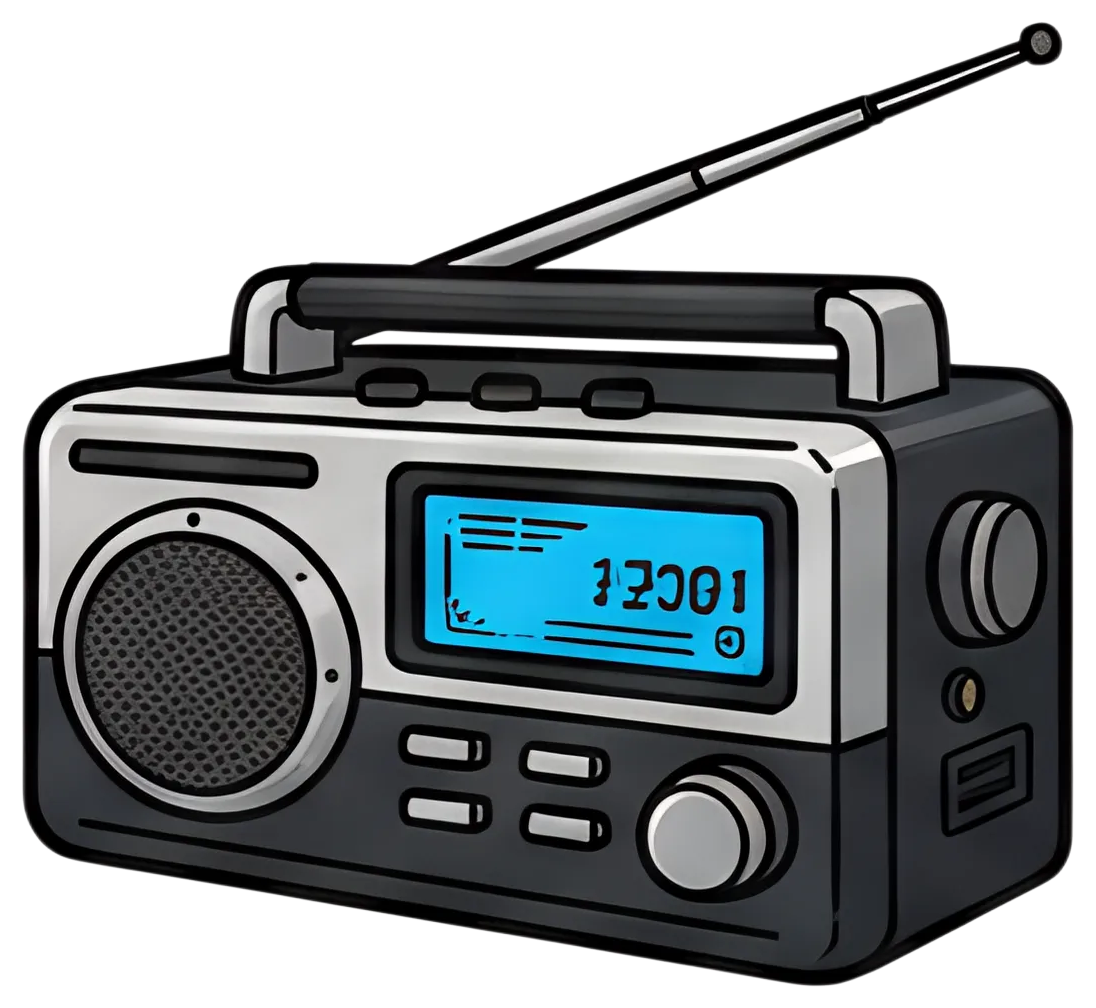 A modern radio featuring a digital display in vibrant blue and a silver body with a visible antenna. The design includes various buttons and a speaker grille on one side, giving it a sleek, functional