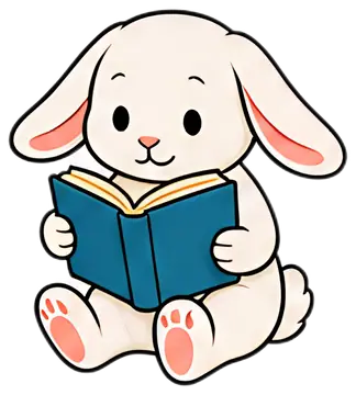 A cute rabbit sits with a book in its paws, its ears pressed down. The rabbit has a soft white fur coat and pink accents on its ears and paws, while the book is deep blue with a yellow spine, creating