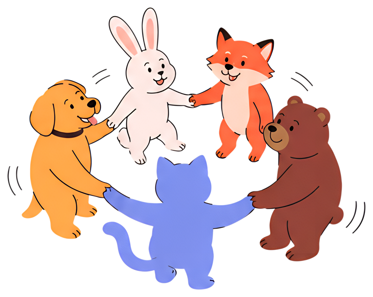 A group of five cheerful animal characters, including a dog, rabbit, fox, cat, and bear, holding hands in a circle. Each character displays a friendly expression with distinct colors; the scene exudes